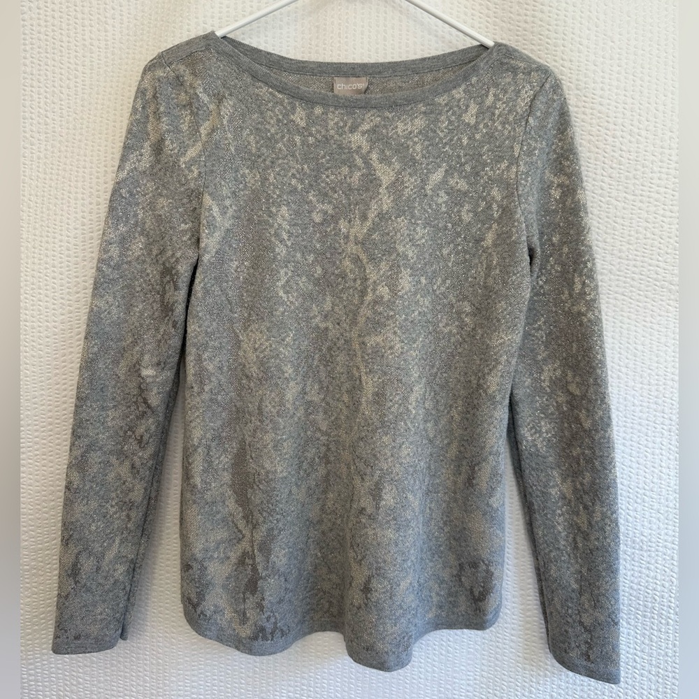 CHICO’S Metallic Gray Silver Gold Long Sleeve Sweater Top Size 0 Small Dressy